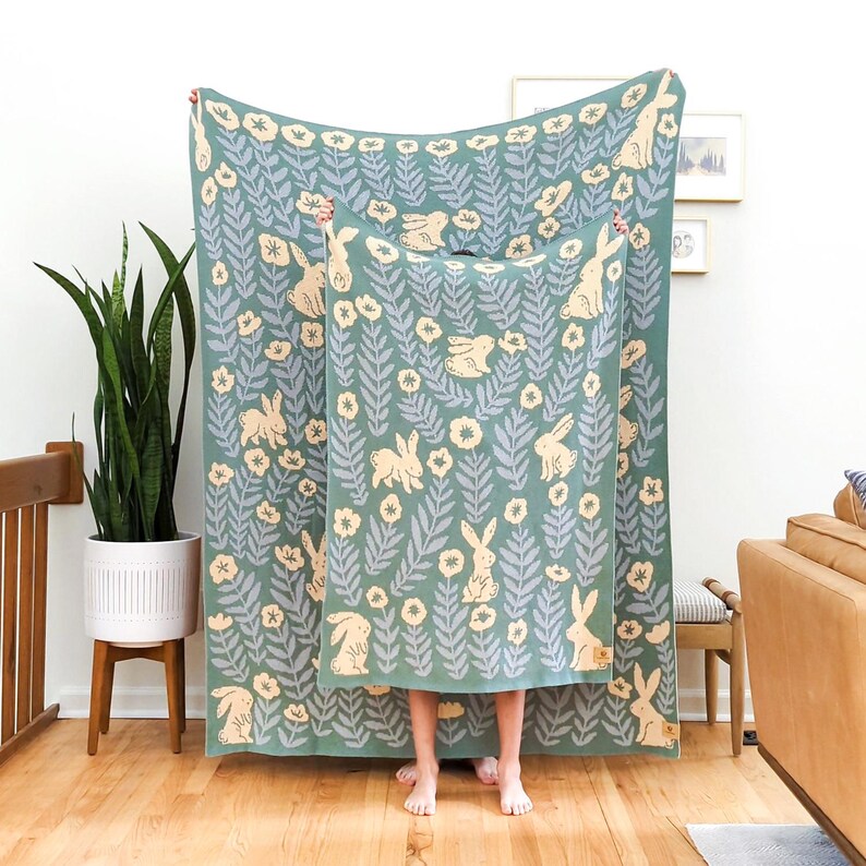 Bunny Meadows Organic Cotton Throw Blanket in Sage Green: Original Art, 50x60 Knit Blanket image 9