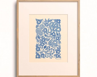 Cerulean Garden Snakes Giclée Art Print: Bold Silhouette Wall Decor