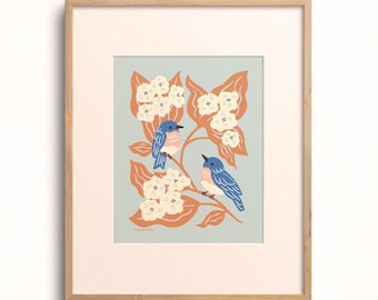 Bluebirds & Hydrangea Art Print