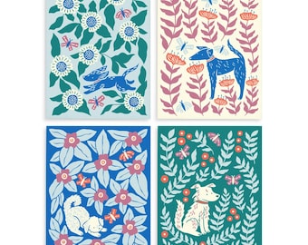 Dogs & Blooms Greeting Card Set: Original Art, Box Set of 8