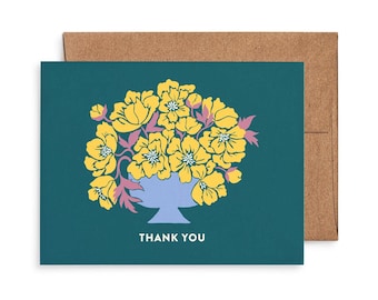 Yellow Peony Flower Vase Thank You Card: Original Art, Eco-Friendly