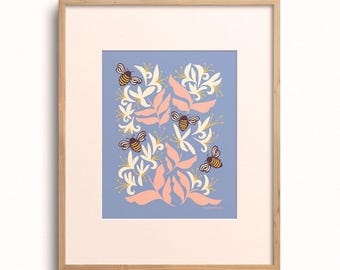 Bees & Honeysuckle Giclée Art Print: Botanical Nature Wall Decor
