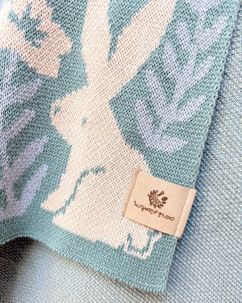 Bunny Meadows Organic Cotton Throw Blanket in Sage Green: Original Art, 50x60 Knit Blanket image 8