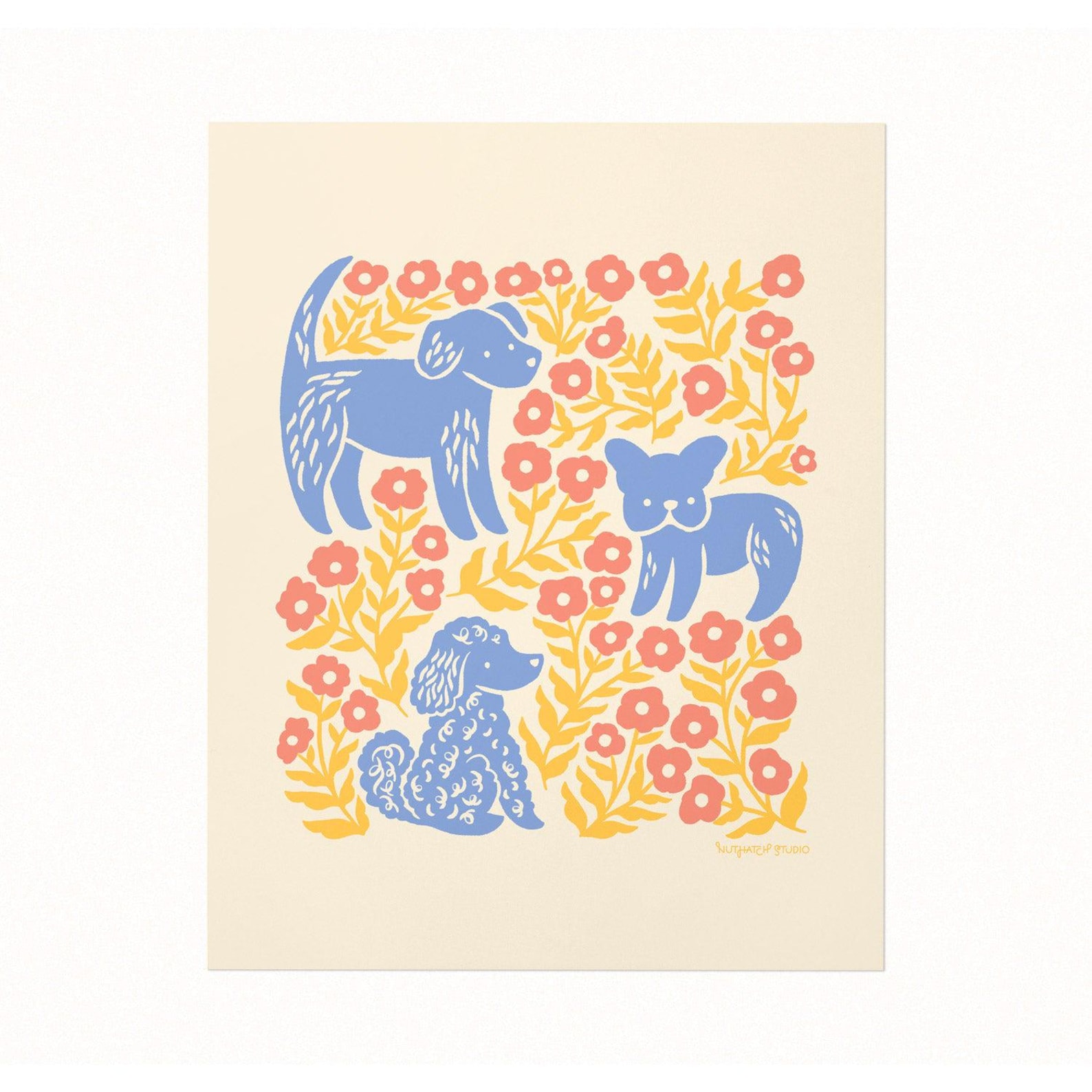 Pups & Buttercups Giclée Art Print: Whimsical Dog and Floral Wall Decor ...