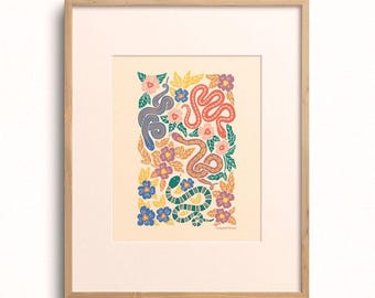 Jewel Garden Snakes Giclée Art Print: Bold Colorful Wall Decor