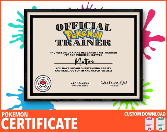Pokémon Trainer Certificate Downloadable / Custom Fan Art / - Etsy