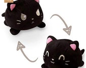 Black cat plush emotions adorable happy sad cat, mood plush, mood cat, reversible plush, cat, black cat Christmas plushie, cybermonday deal