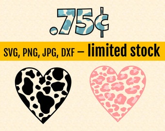 Black/White Cow Print Heart, Pink/White Leopard Print Heart, Cow Pattern SVG, Cow Spots, Animal Print, Jpg, Png, Svg, Dxf
