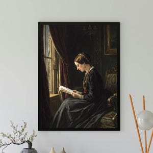 Victorian Woman Reading Print, Moody Literary Wall Art, Dark Academia Aesthetic Poster, Vintage Window Scene, Printable Book Lover Decor