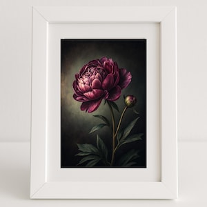 Impressão de arte de parede de peônia roxa escura – pôster botânico floral temperamental – decoração estética de flores góticas – arte de flores vintage para impressão