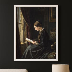 Victorian Woman Reading Print, Moody Literary Wall Art, Dark Academia Aesthetic Poster, Vintage Window Scene, Printable Book Lover Decor
