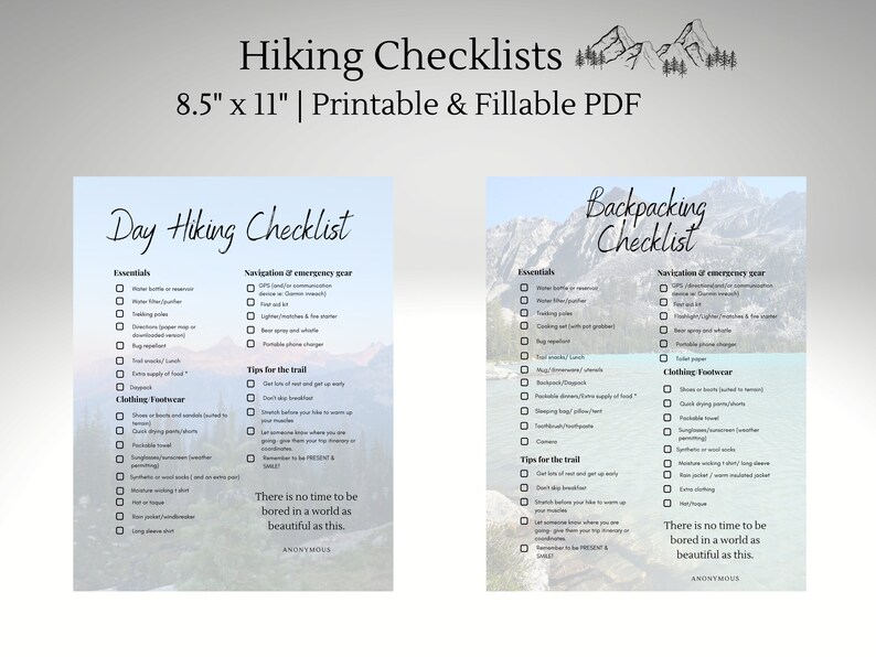 Planning Bundle Hiking Checklist Backpacking Checklist Overnight Hiking Essentials Printable