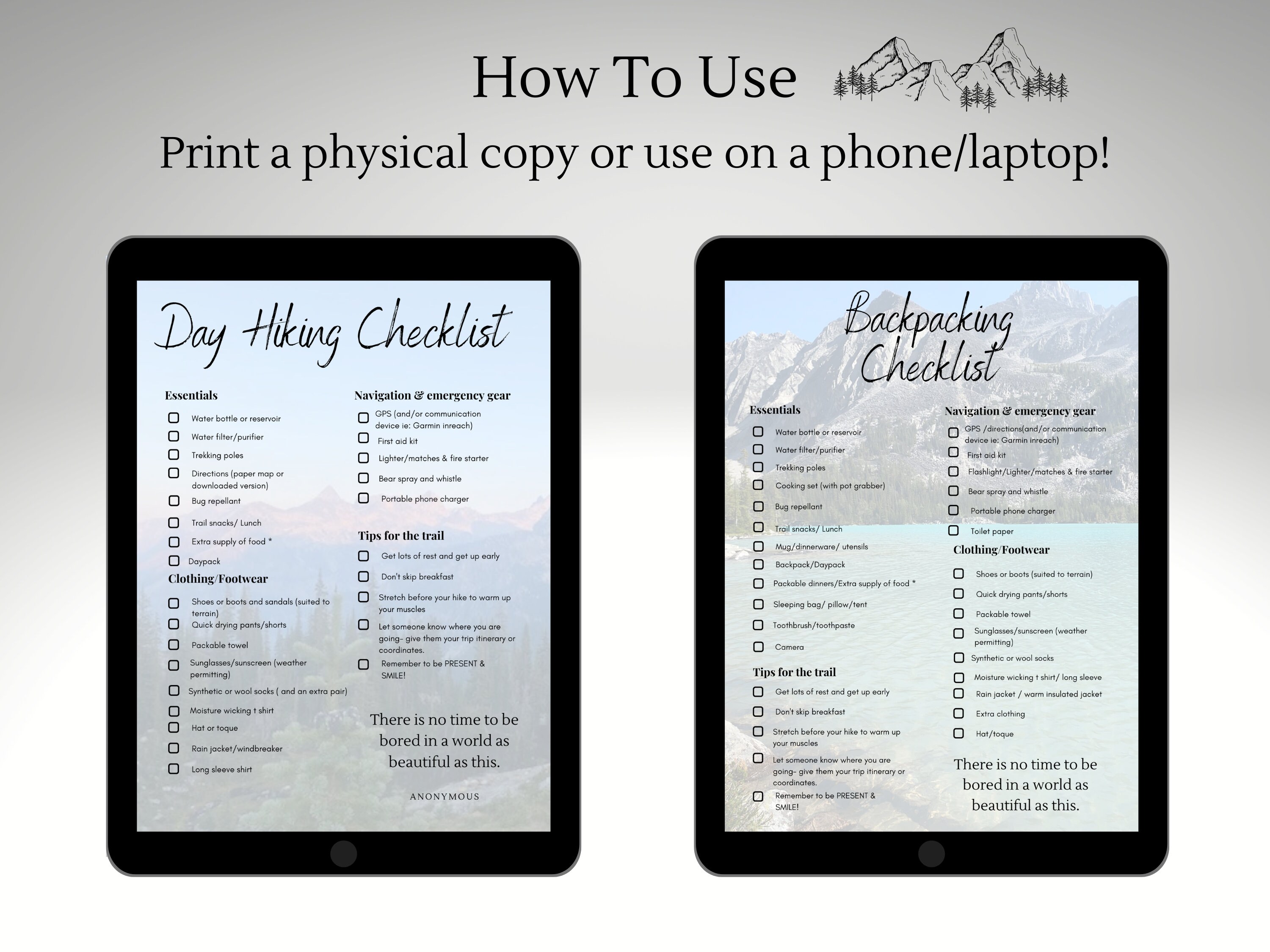 Planning Bundle Hiking Checklist Backpacking Checklist Overnight Hiking