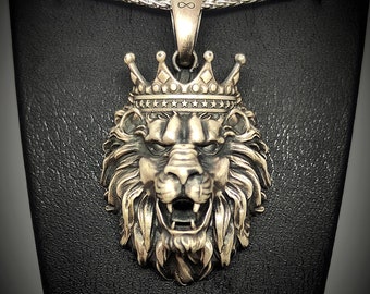 Handmade Sterling Silver Lion with Crown Pendant, Leo Zodiac Necklace, Astrology Charm
