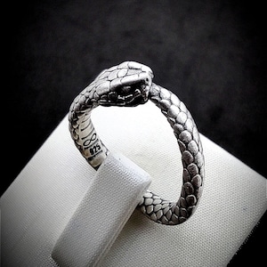 May include: A silver snake ring with a detailed snake head design. The ring is marked with "925" on the side.