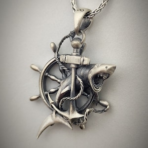 Nautical Charm, Anchor Shark Silver Handmade Pendant for a Stylish Sailor, Ocean Adventure Shark Tail Necklace with Maritime Wheel Detail