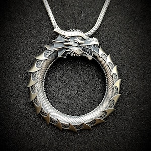 Elegant Dragon Ouroboros Silver Handmade Pendant Necklace,  Unique Handmade Silver Medallion Eating its own tail