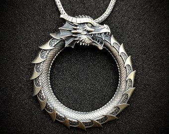 Dragon Ouroboros Silver Handmade Pendant, Dragon Ouroboros Eating its own tail, Dragon Medallion, Dragon men Gift,  Snake Necklace