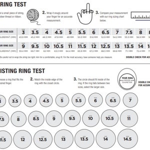 May include: A chart showing two methods for measuring ring size. The first method uses a string to measure the circumference of a finger. The second method uses a ring to compare the inside diameter of the ring to a chart of sizes. The chart includes sizes from 3 to 14.5.