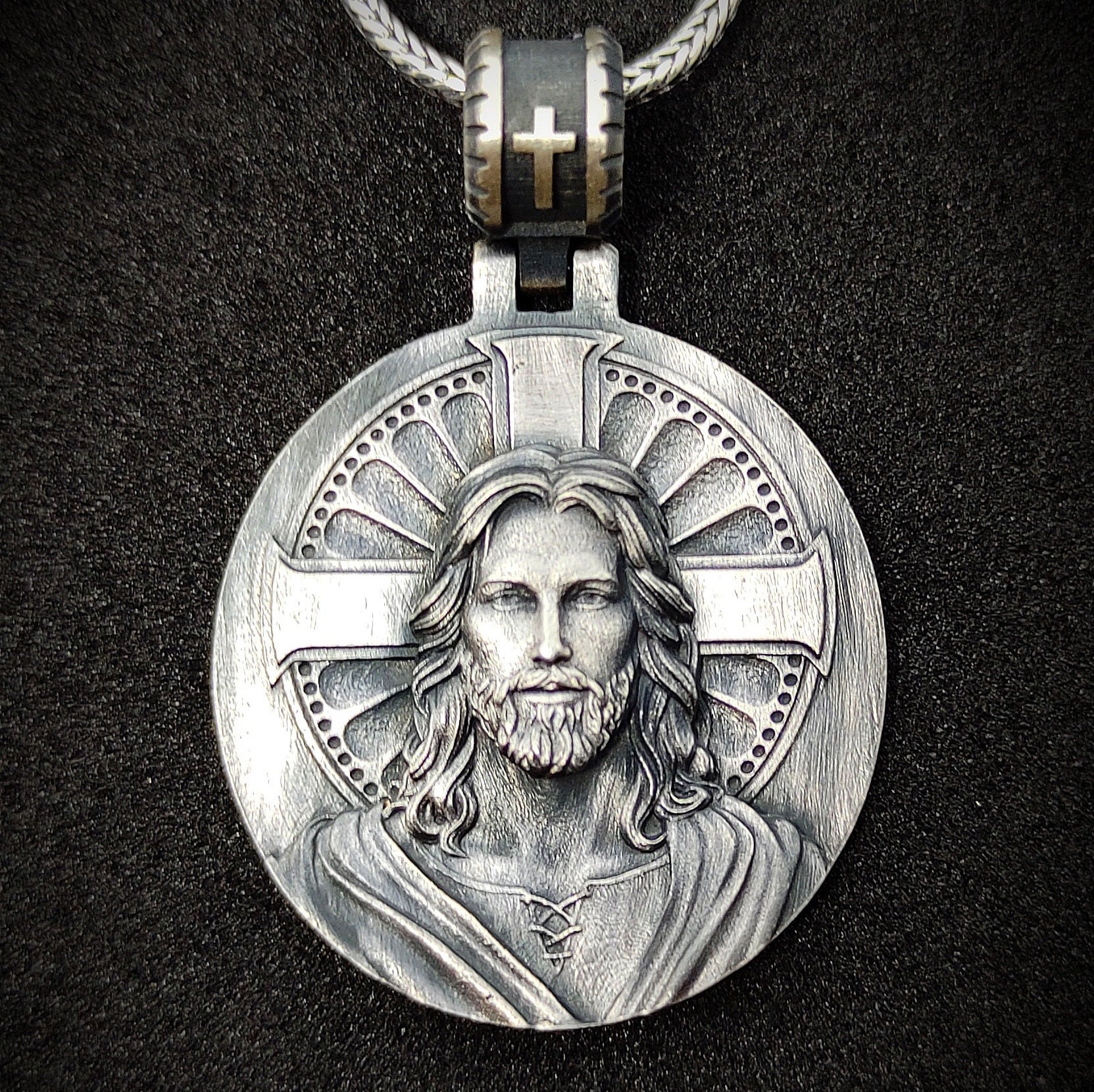 Jesus Silver Cross Pendant , Silver Christian Accessory, Crucifix, Religious Thanksgiving Mens Pendant,