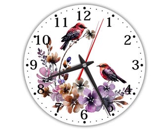 Lila Blumenvogel Wanduhr: Rustikales Küchen Dekor, Stille Holzuhr