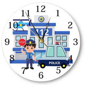 Police Wall Clock for Kids - Police Car , Large clock - Childrens Clock , Nursery Wall Clock, Play Room Wall Clock , Birthday Gift for Kids