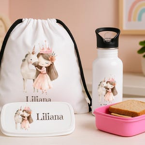 Set déjeuner pour fille - Thème licorne et princesse, sac de sport personnalisé, bouteille d'eau et boîte à lunch, cadeau de rentrée avec prénom personnalisé