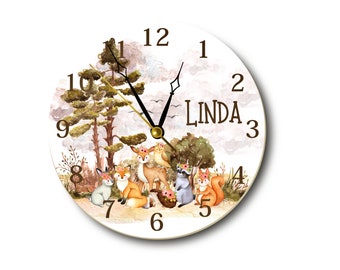 Forest Animals Wall Clock - Christmas gift for kids, Woodland Wall Clock - Personalized Large Wall Clock for children - Play Room Wall Clock