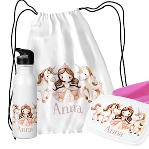 Ensemble repas enfant pour fille - Thème licorne et princesse, sac de sport personnalisé, bouteille d'eau et boîte à lunch, prénom personnalisé cadeau de rentrée