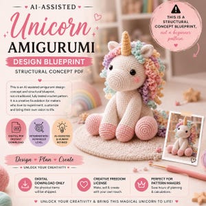 AI-assisterad enhörningsamigurumi-designkoncept, virkmönsterritning i PDF-format
