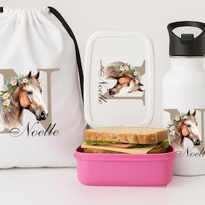 Set déjeuner pour fille - thème cheval, sac de sport personnalisé, bouteille d'eau et boîte à lunch, cadeau de rentrée avec prénom personnalisé
