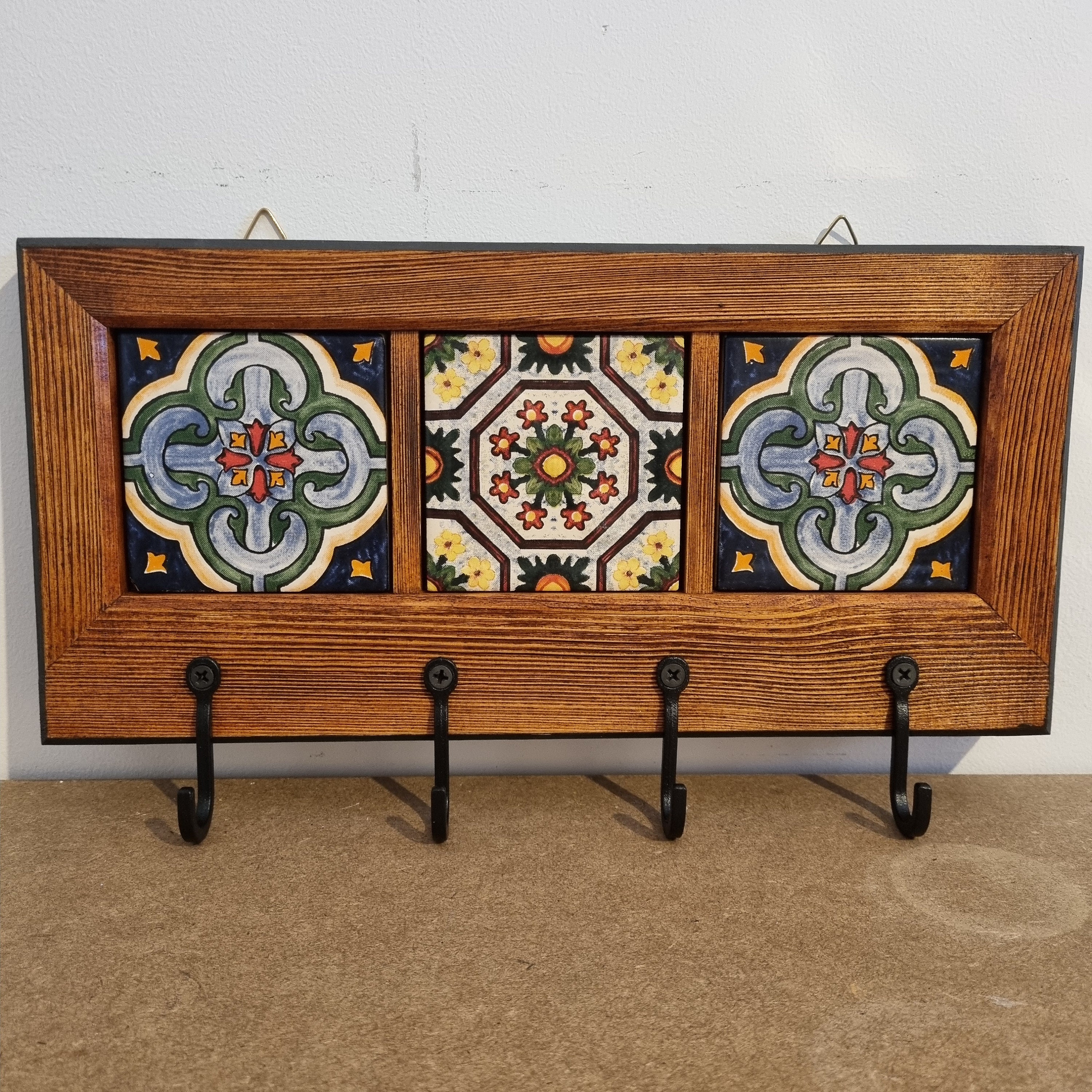 Reclaimed Key Rack Talavera Tile Key & Coat Rack: Reclaimed Teak Wood Entryway Organizer ...