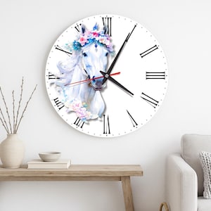 White Horse Wall Clock – Elegant Silent Clock with Blue Floral Crown – Silent Holiday Gift for Equestrian Decor Lovers