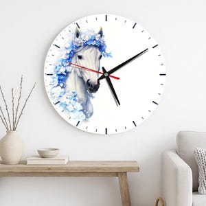 White Horse Wall Clock – Elegant Silent Clock with Blue Floral Crown – Silent Holiday Gift for Equestrian Decor Lovers