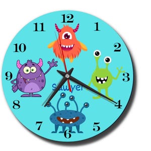 Personalized Monster Kids Wall Clock: Silent Wooden Playroom Decor