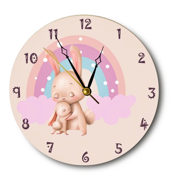 CustomCute Bunny Wall Clock - Play Room Wall Clock, Girls room decoration, Unique Wall Clock, Personalized gift for Kids, Nursery Wall Clock