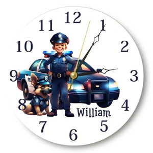 Police Kids Wall Clock - Police Car with personalizen name,  Large and Silent Wall Clock for Kids, Nursery Wall Clock