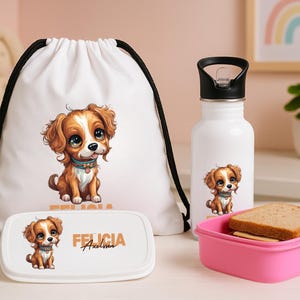Set déjeuner personnalisé pour fille - thème chien mignon, sac de sport personnalisé, bouteille d'eau et boîte à lunch, cadeau de rentrée avec prénom personnalisé