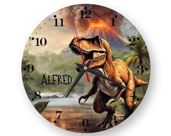 Personalized Large and Cool dinosaur wall clock for children with own name, Silent Clock Mechanism. Nursery wall clock, T-Rex Wall Clock