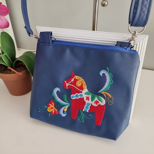 CustomShoulder bag in blue color, Scandinavian Embroidered Dala Horse motif, sophisticated Handwork