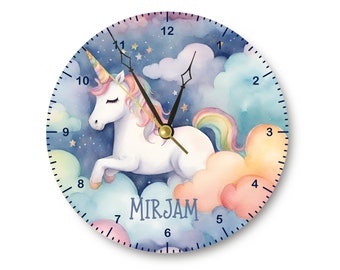 Girl's Wall Clock - Handmade Cute Unicorn Wooden Wall Clock with Personalized Name, Christening Gift, Large Wall Clock, Nursery Wall Clock