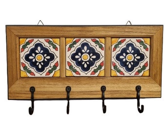 Talavera key Holder, Wall key holder made of recycled wood with Moroccan tile inlay, Demanding craftsmanship , Handmade.