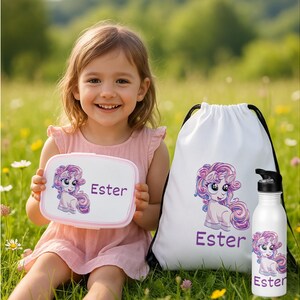 Set déjeuner pour fille - Thème licorne, sac de sport personnalisé, bouteille d'eau et boîte à lunch, cadeau de rentrée avec prénom personnalisé