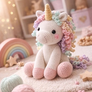 Puede incluir: Unicornio de ganchillo hecho a mano con cuerpo color crema, melena arcoíris pastel y cuerno amarillo. El unicornio tiene pezuñas y mejillas rosas. Ovillos de lana y un arcoíris de madera en el fondo.