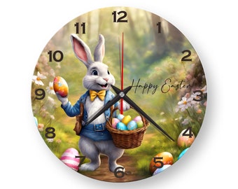 Frohe Ostern Wanduhr - Niedliche Osterhasen Dekoration mit personalisiertem Namen, Osterdekoration, Übergroße Wanduhr, Stille Wanduhr