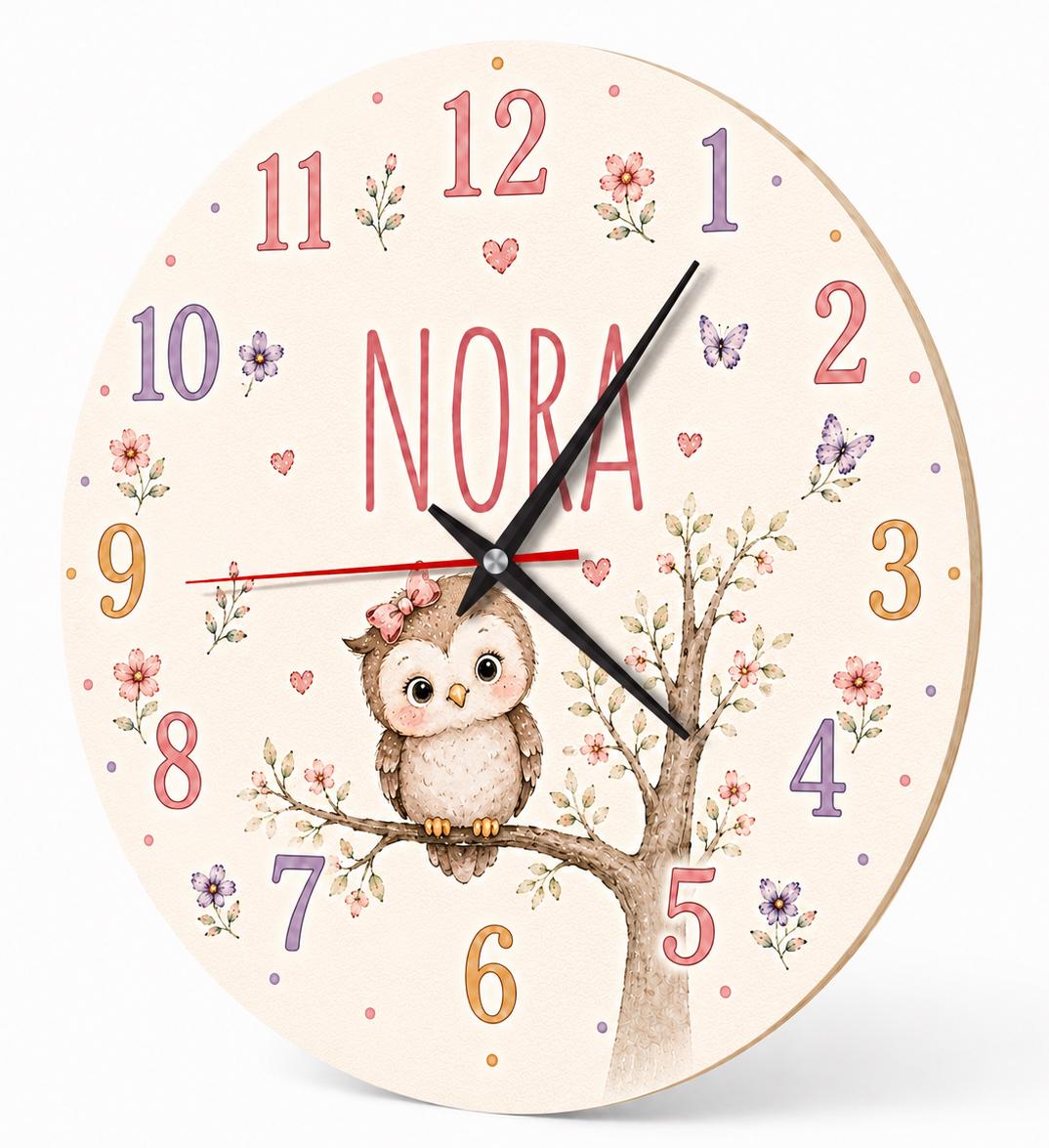 Personalized Owl Watercolor Clock: Pastel Kids Room Decor, Silent Wooden MDF timepiece