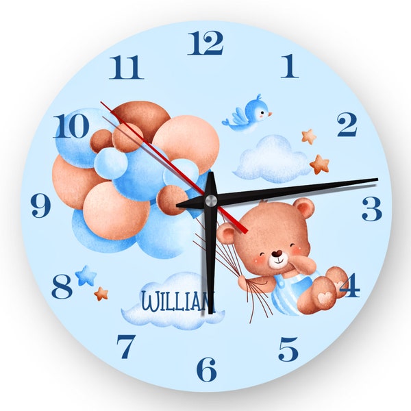 Cadeau personnalisé pour nouveau-né, horloge murale pour enfant, horloge pour bébé, horloge pour chambre d'enfant, décoration de chambre d'enfant, cadeau pour bébé, motif mignon d'ours en peluche,