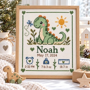 Personalized Dinosaur Birth Announcement Cross Stitch Pattern, Baby Sampler PDF, Easy 9 Color Embroidery