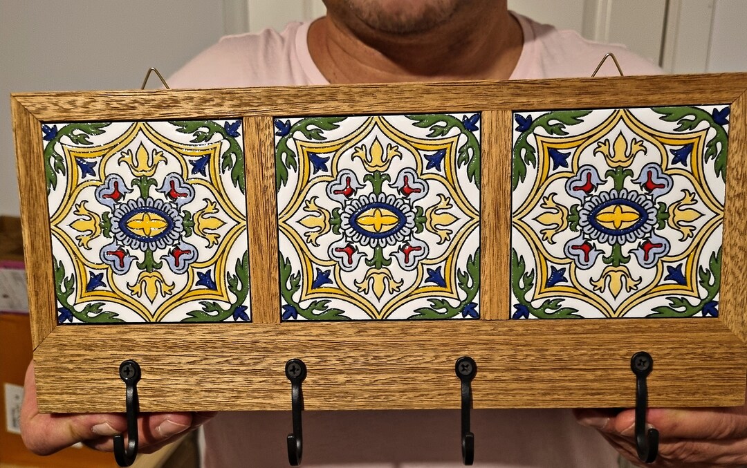 Handcrafted Unique Wall Key Holder With Moroccan Tile Inlay Reclaimed