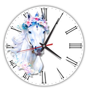 White Horse Wall Clock – Floral Horse Clock – Silent Custom Wall Decor – Large Vintage-Inspired Clock